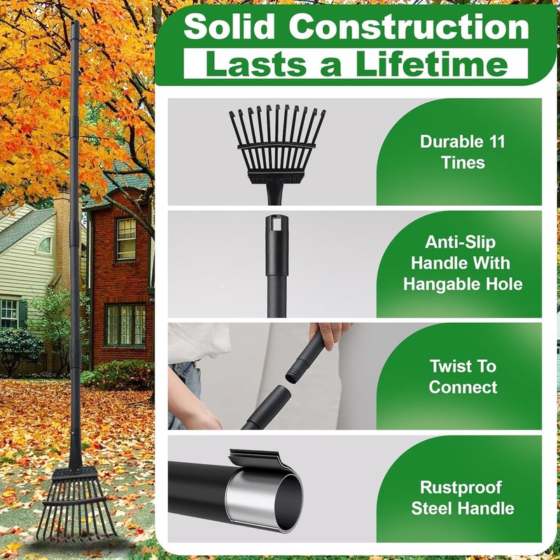 Pragmatist Rake for Leaves Small Metal Garden Tool with 11 Tines 63 Inch Adjustable Handle Sturdy Yard Rake for Gardening Gathering Leaves Weeds Debris, Black - Image 5